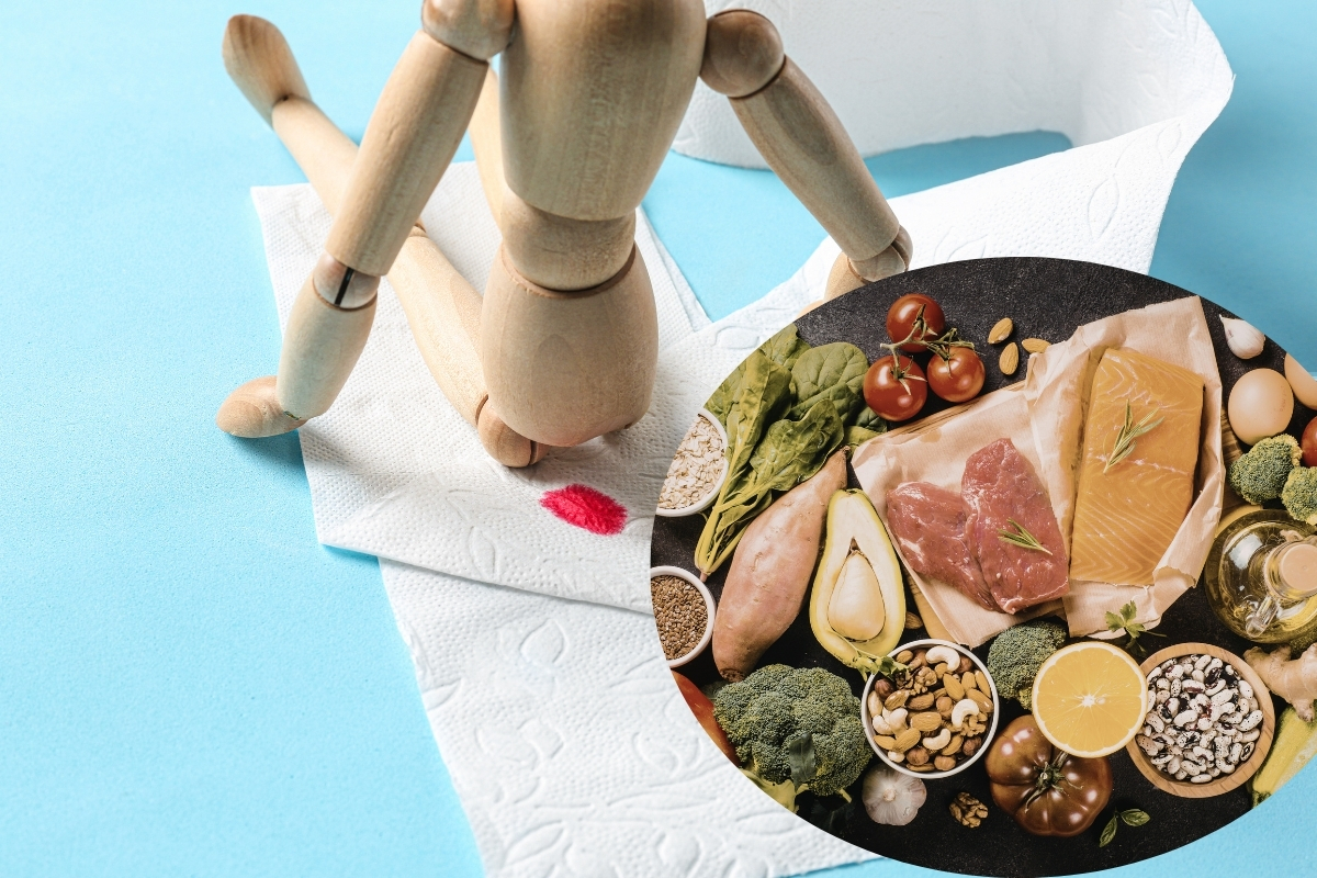 prikaz drvenog čovečuljka koji sedi, toalet papira na kom je krv i zdrave hrane na slici